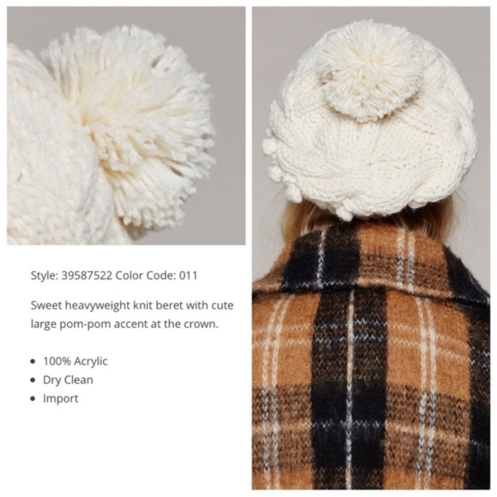 Free People Bobble Knit Pom Pom Beret Beanie Hat in Cream/Ivory OS - Picture 4 of 8